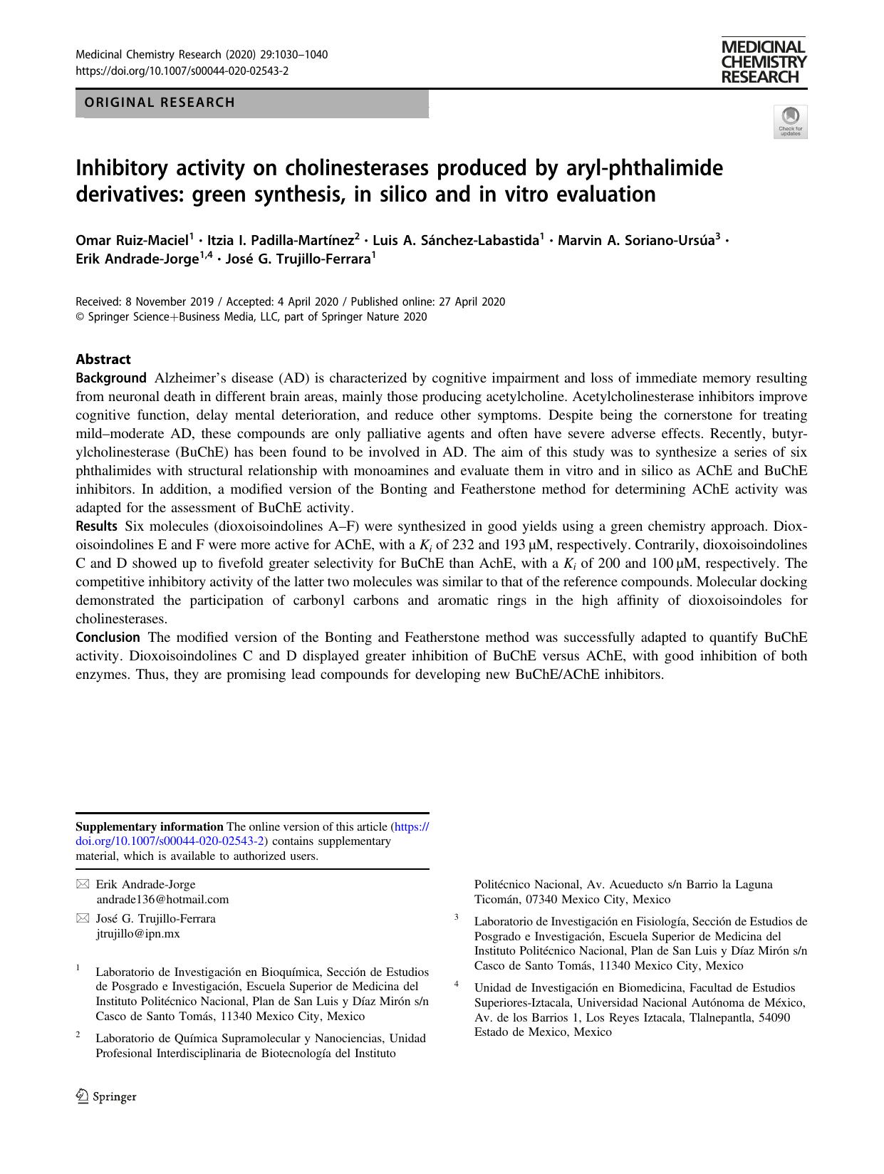Inhibitory activity on cholinesterases produced by aryl-phthalimide derivatives: green synthesis, in silico and in vitro evaluation by unknow