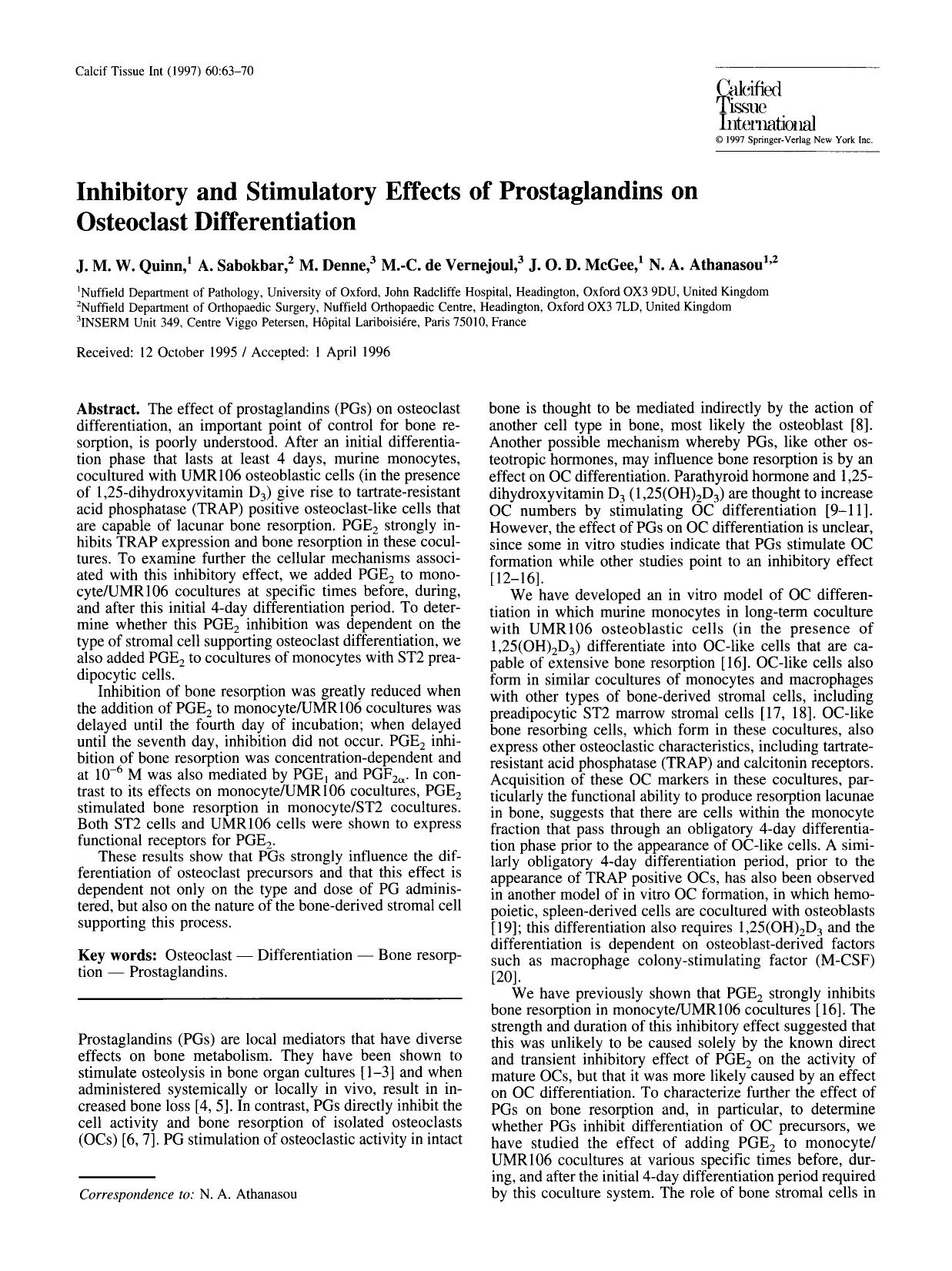 Inhibitory and stimulatory effects of prostaglandins on osteoclast differentiation by Unknown