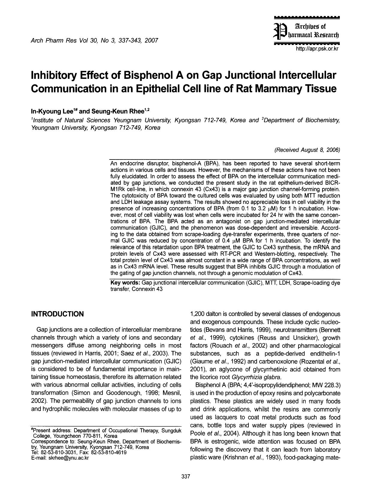 Inhibitory effect of Bisphenol A on gap junctional intercellular communication in an epithelial cell line of rat mammary tissue by Unknown