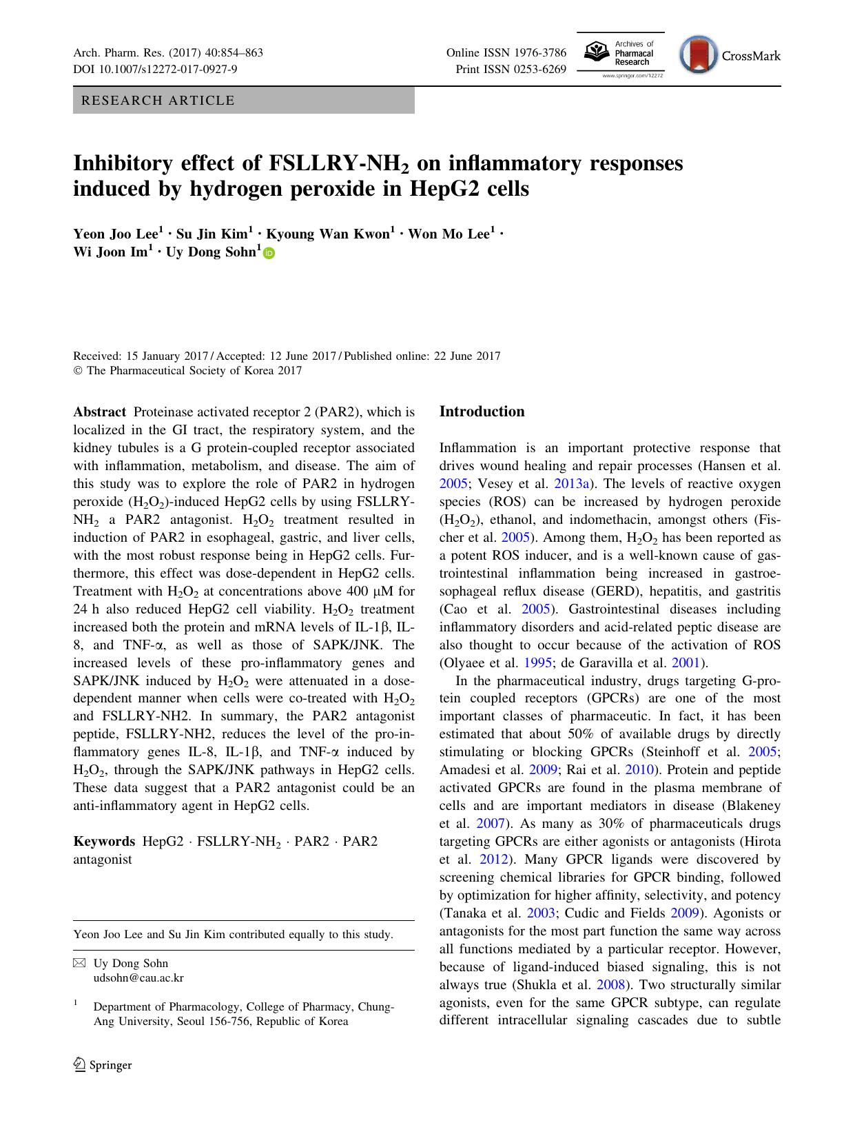 Inhibitory effect of FSLLRY-NH2 on inflammatory responses induced by hydrogen peroxide in HepG2 cells by Yeon Joo Lee & Su Jin Kim & Kyoung Wan Kwon & Won Mo Lee & Wi Joon Im & Uy Dong Sohn