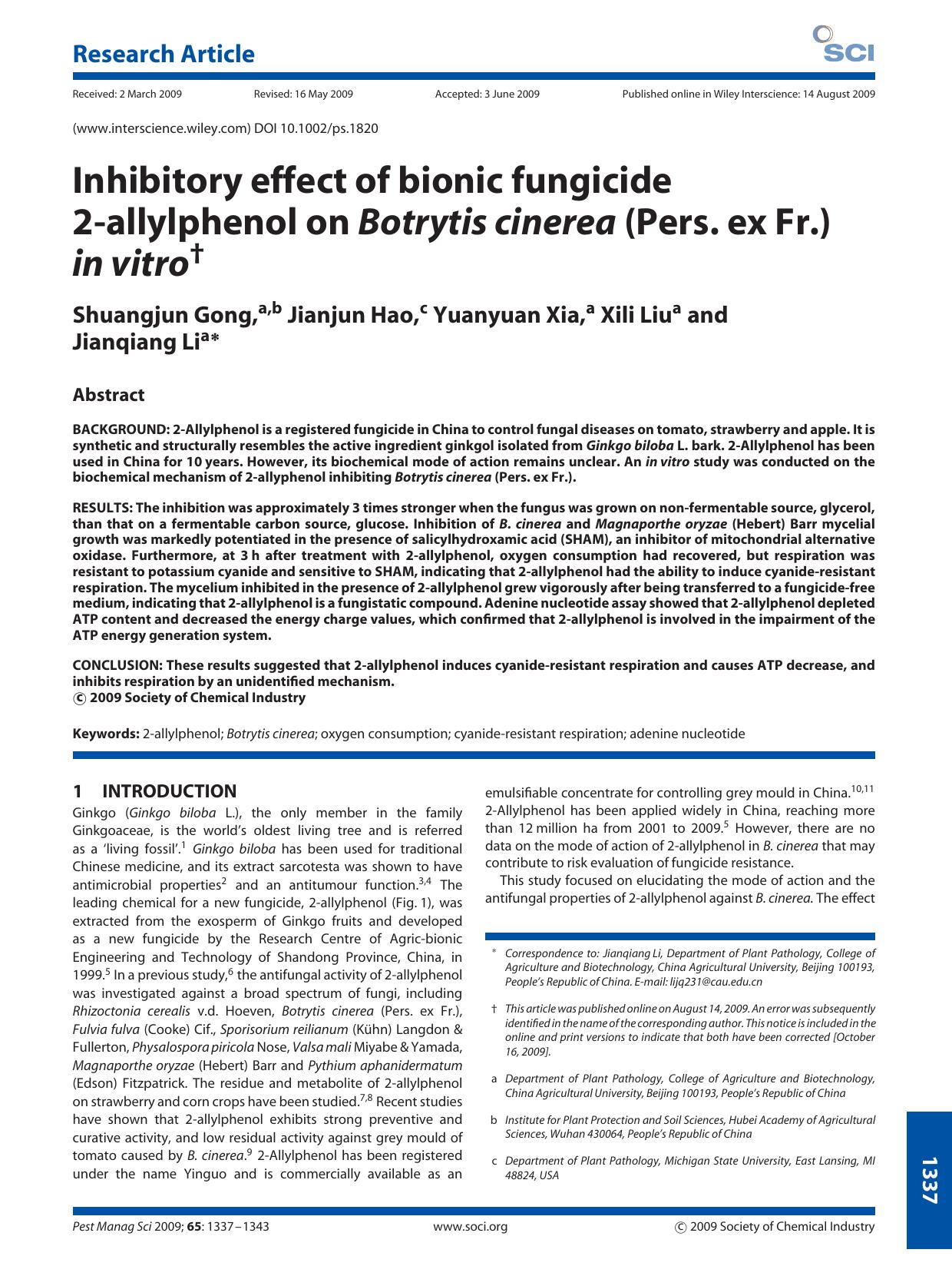 Inhibitory effect of bionic fungicide 2-allylphenol on Botrytis cinerea (Pers. ex Fr.) in vitro by Unknown