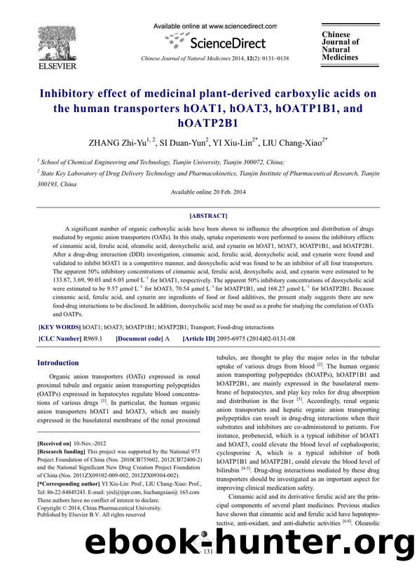 Inhibitory effect of medicinal plant-derived carboxylic acids on the human transporters hOAT1, hOAT3, hOATP1B1, and hOATP2B1 by Zhi-Yu ZHANG & Duan-Yun SI & Xiu-Lin YI & Chang-Xiao LIU