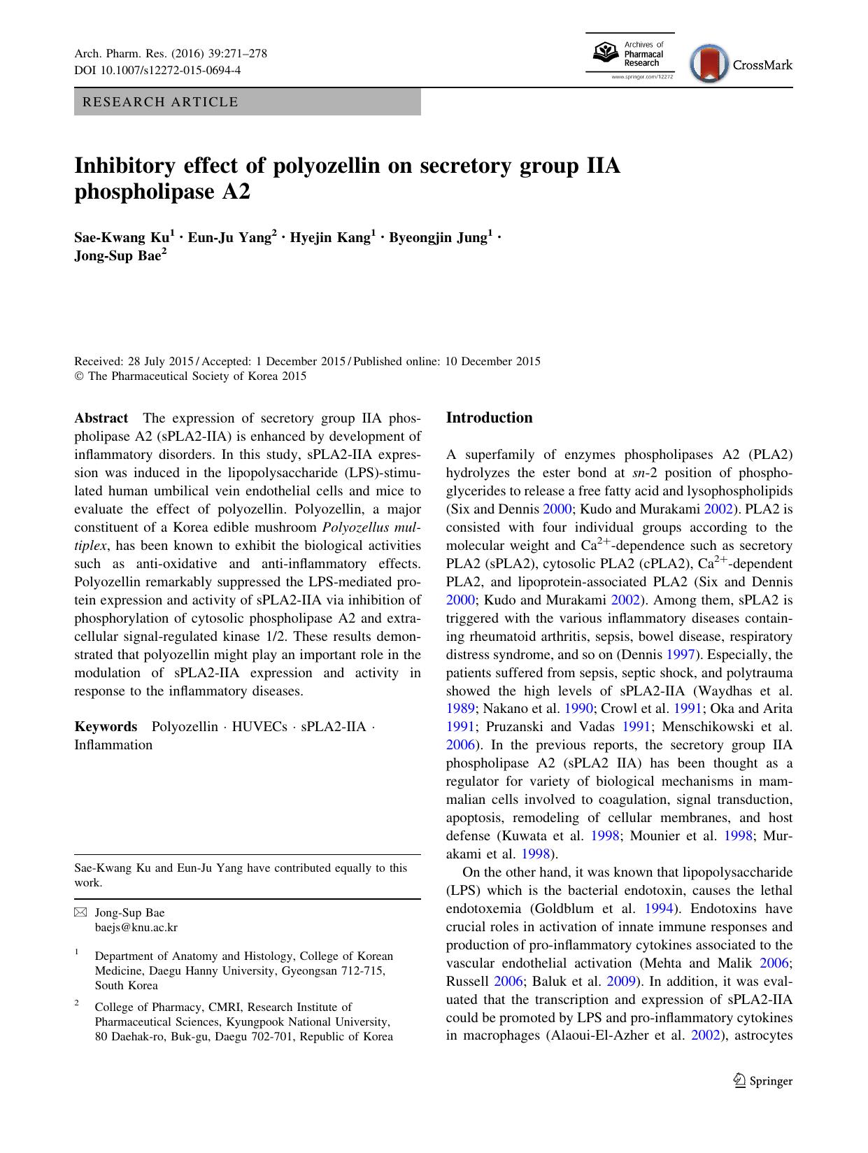 Inhibitory effect of polyozellin on secretory group IIA phospholipase A2 by Sae-Kwang Ku & Eun-Ju Yang & Hyejin Kang & Byeongjin Jung & Jong-Sup Bae