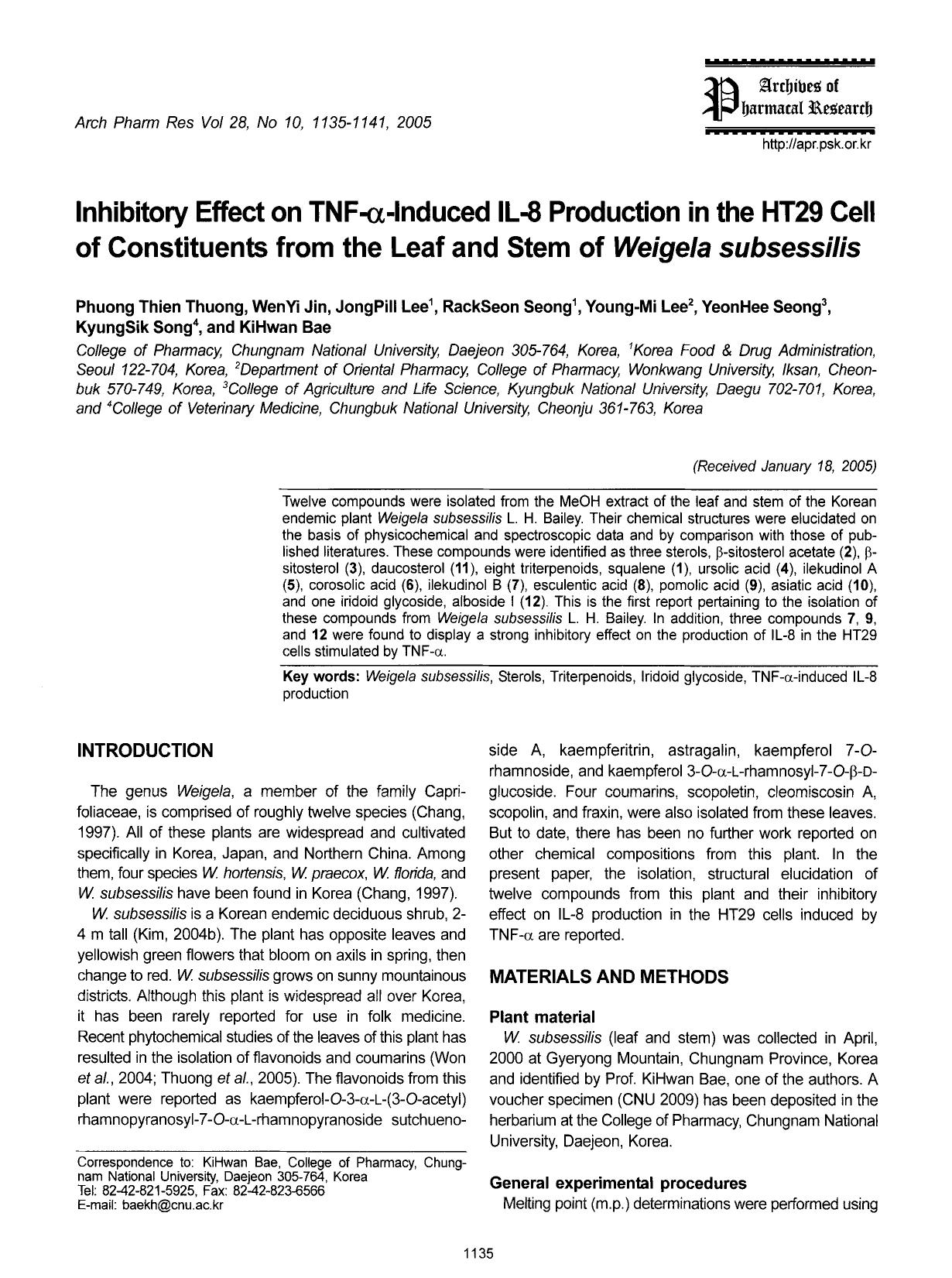 Inhibitory effect on TNF-&#x03B1;-induced IL-8 production in the HT29 cell of constituents from the leaf and stem of <Emphasis Type="Italic">Weigela subsessilis <Emphasis> by Unknown
