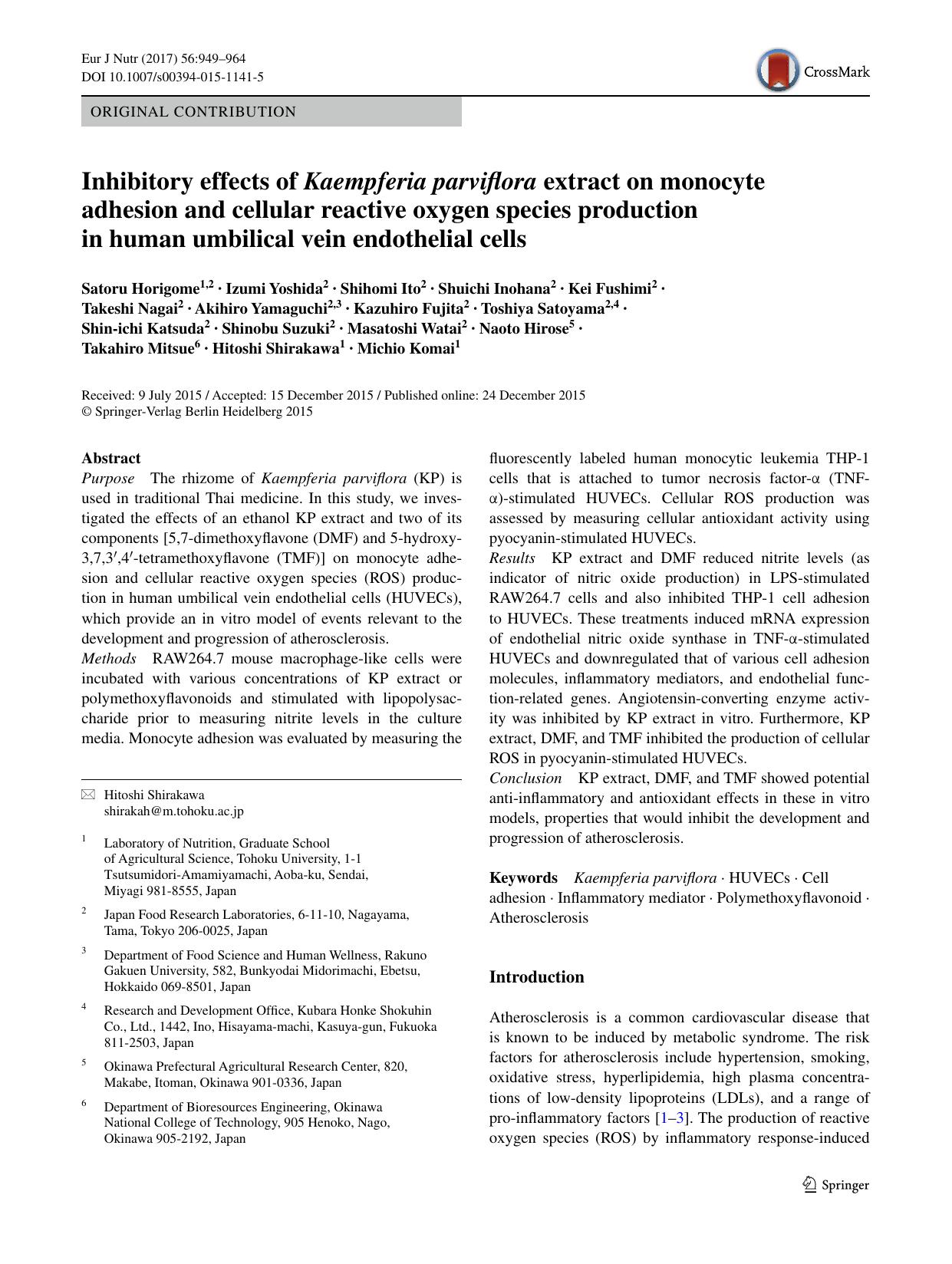 Inhibitory effects of Kaempferia parviflora extract on monocyte adhesion and cellular reactive oxygen species production in human umbilical vein endothelial cells by unknow