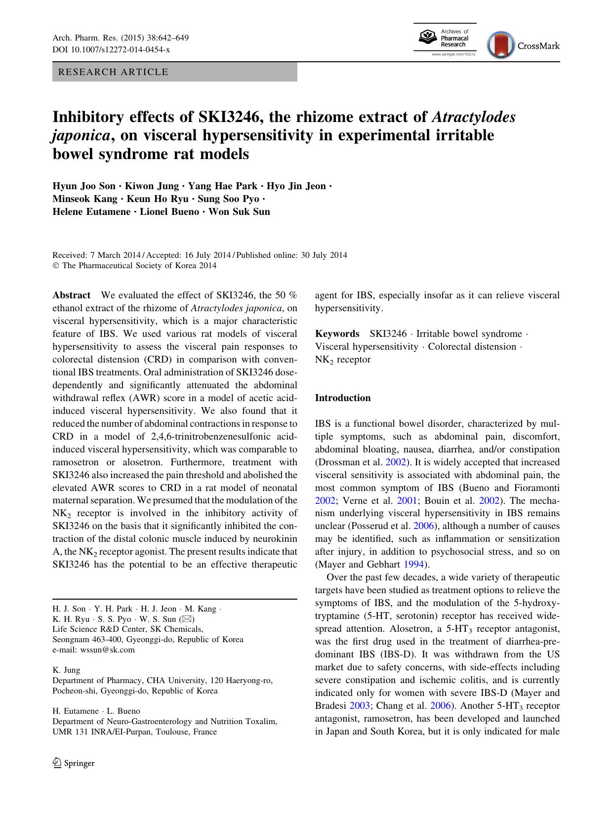Inhibitory effects of SKI3246, the rhizome extract of Atractylodes japonica, on visceral hypersensitivity in experimental irritable bowel syndrome rat models by unknow