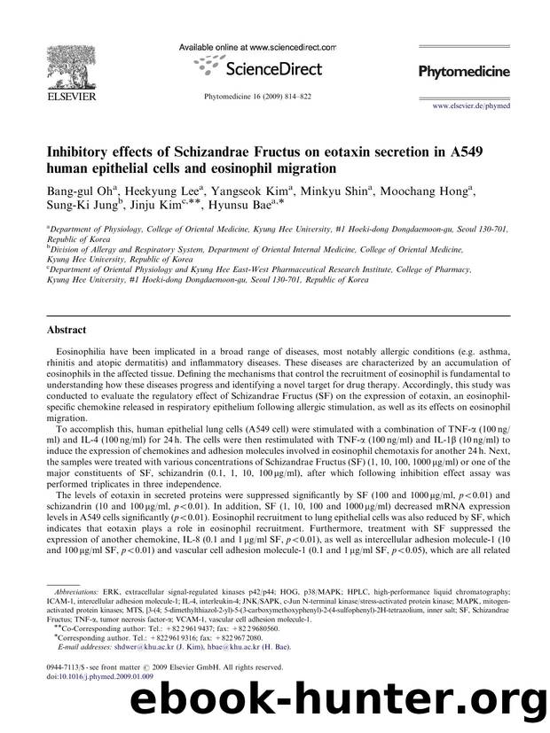 Inhibitory effects of Schizandrae Fructus on eotaxin secretion in A549 human epithelial cells and eosinophil migration by unknow