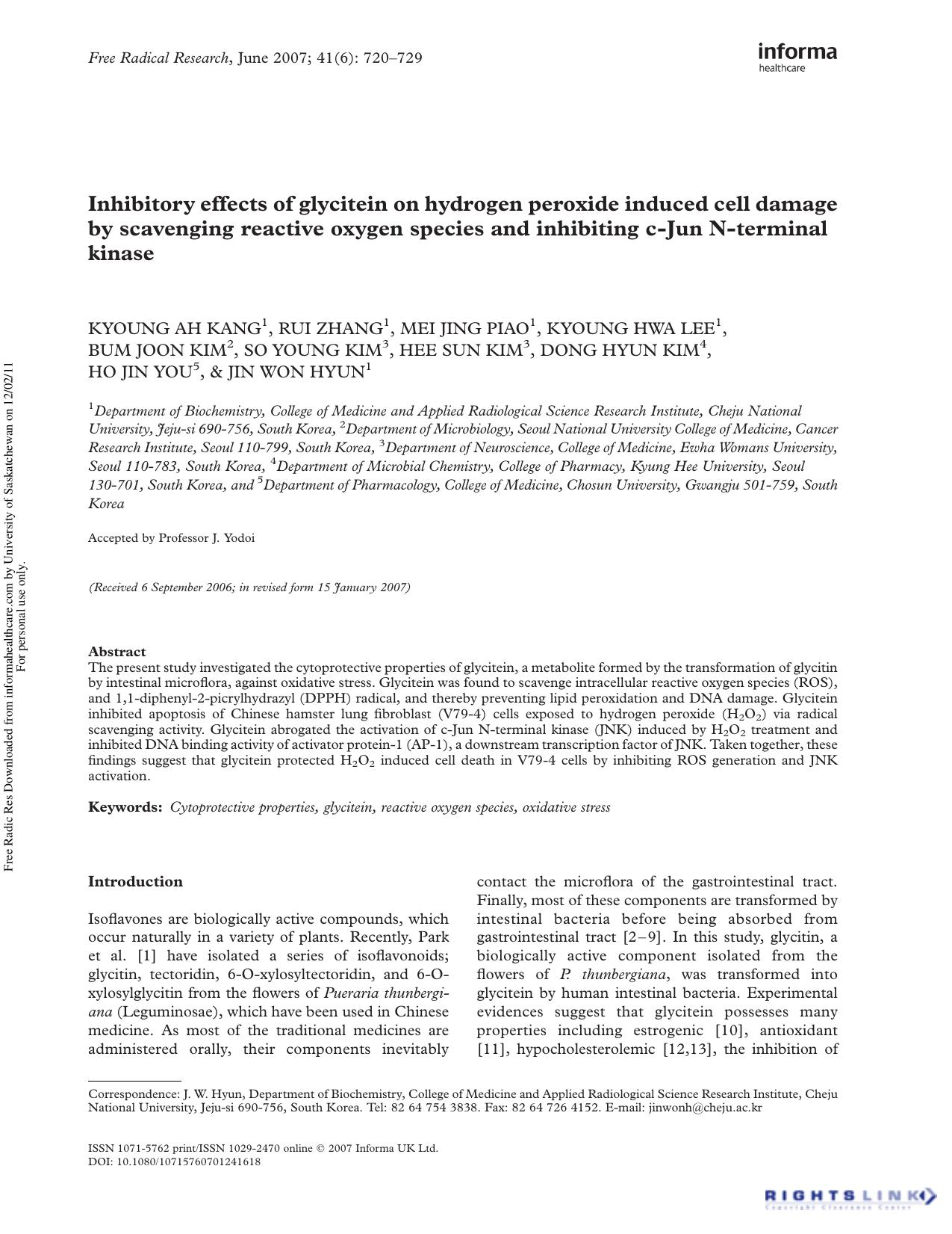 Inhibitory effects of glycitein on hydrogen peroxide induced cell damage by scavenging reactive oxygen species and inhibiting c-Jun N-terminal kinase by unknow