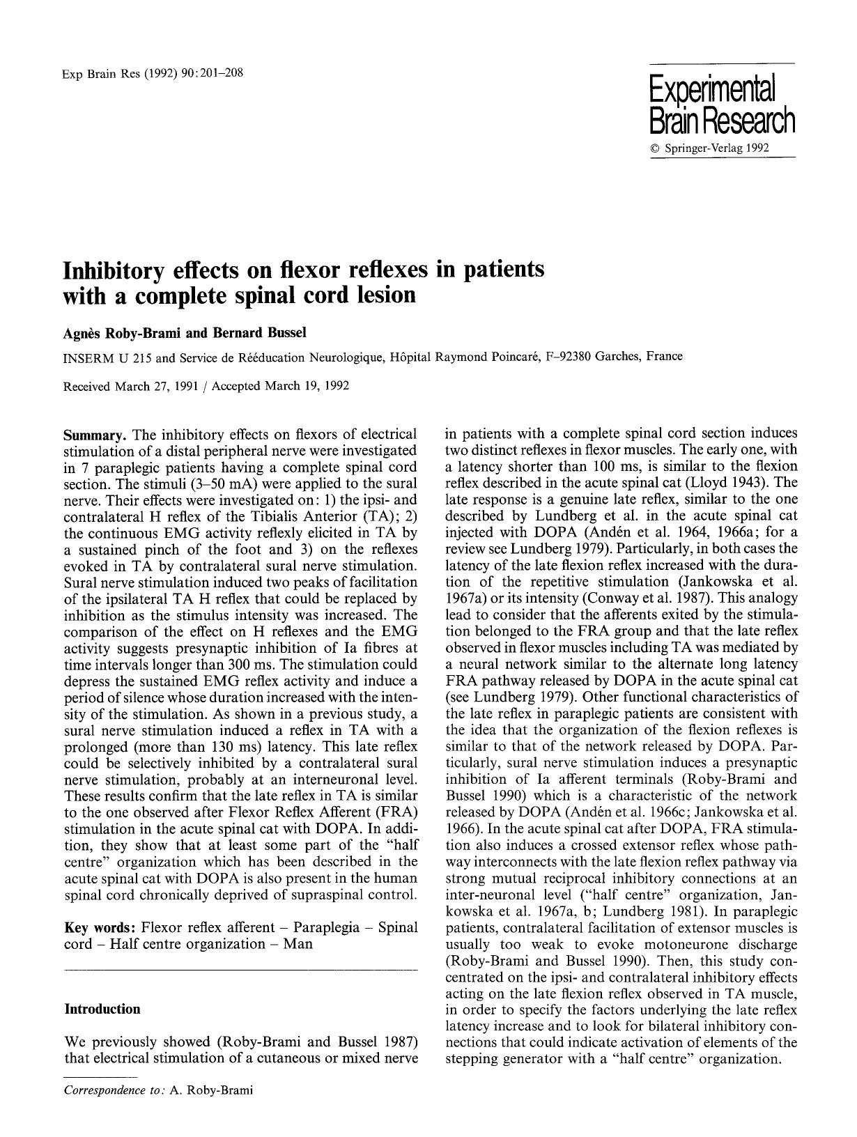 Inhibitory effects on flexor reflexes in patients with a complete spinal cord lesion by Unknown