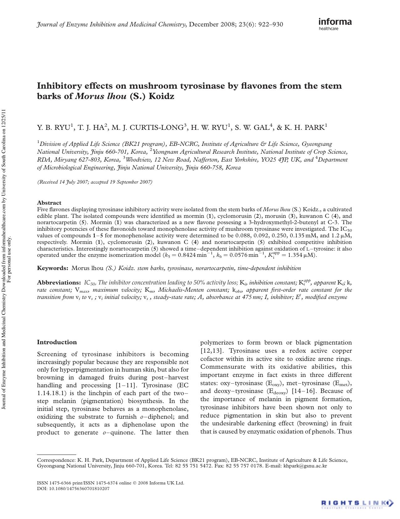 Inhibitory effects on mushroom tyrosinase by flavones from the stem barks of Morus lhou (S.) Koidz by Y. B. Ryu1 T. J. Ha2 M. J. Curtis-Long3 H. W. Ryu1 S. W. Gal4 K. H. Park1