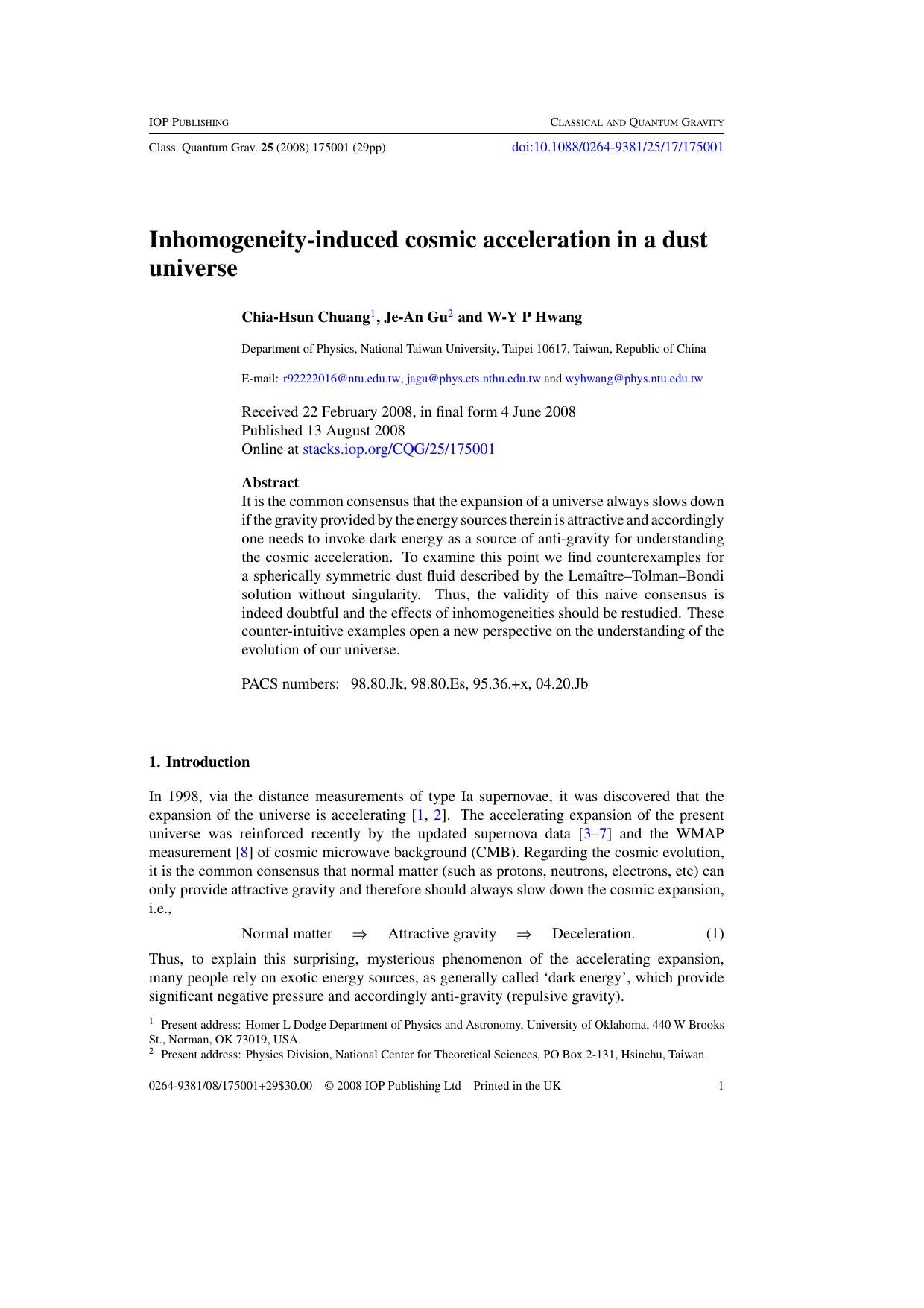 Inhomogeneity-induced cosmic acceleration in a dust universe by C-H Chuang et al