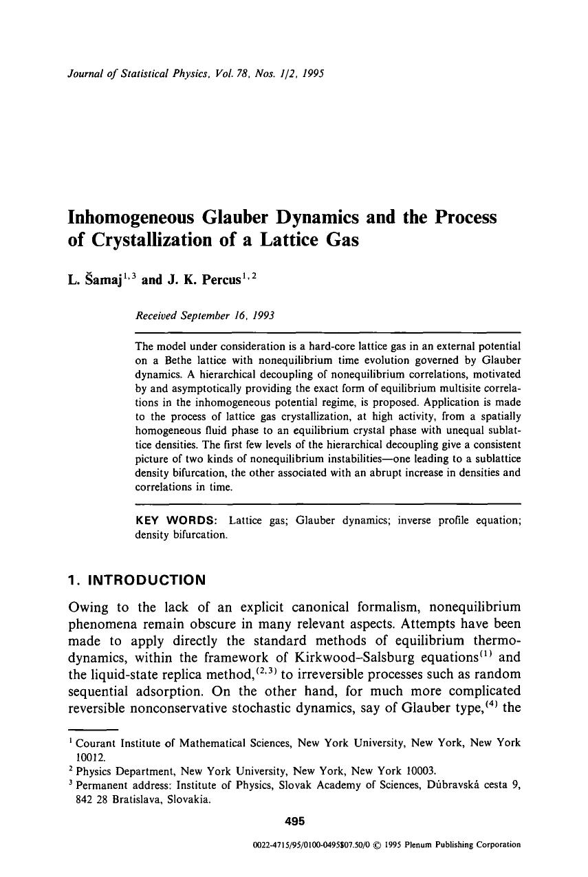 Inhomogeneous Glauber dynamics and the process of crystallization of a lattice gas by Unknown