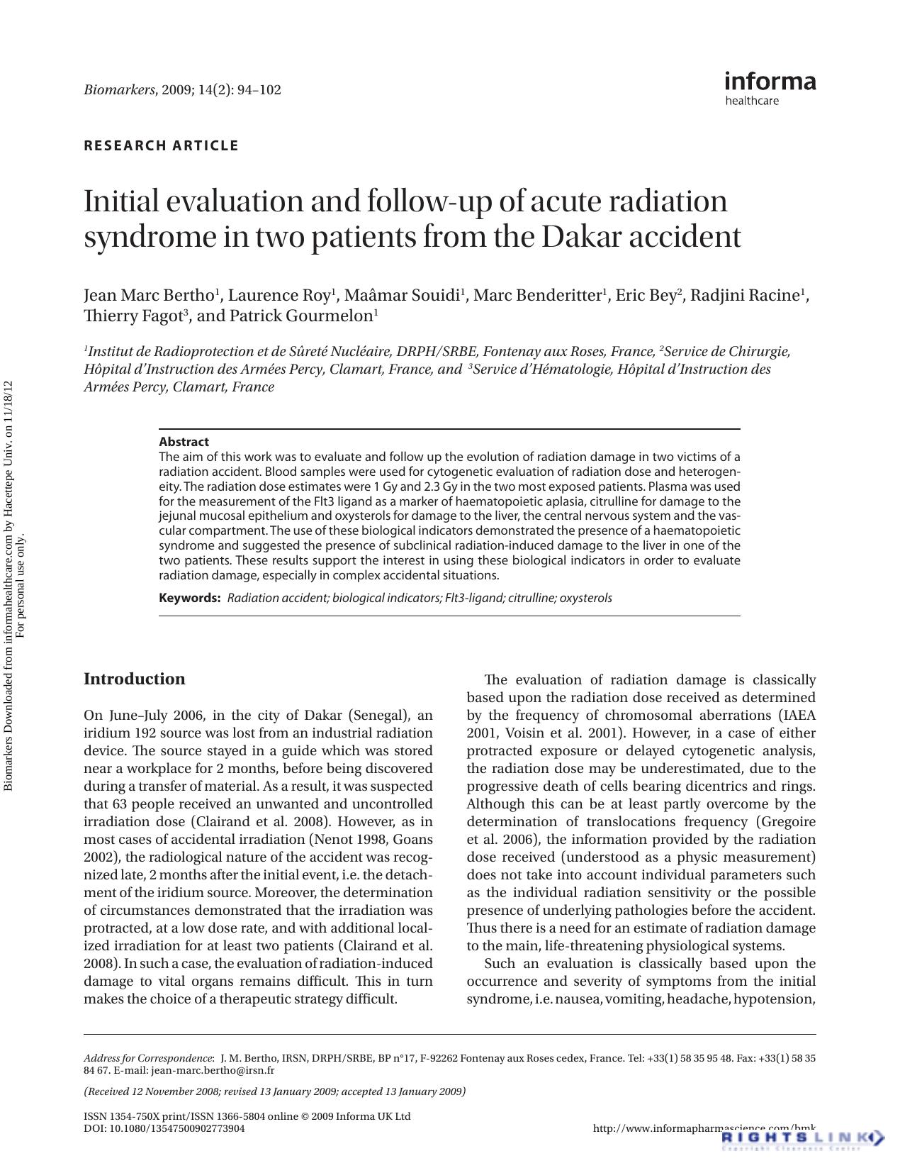 Initial evaluation and follow-up of acute radiation syndrome in two patients from the Dakar accident by unknow