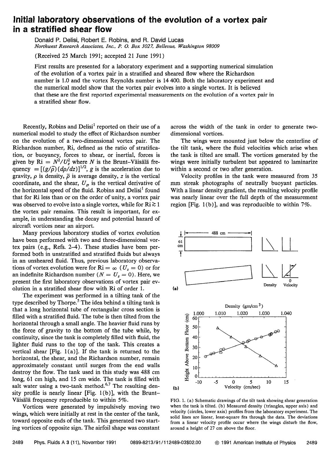 Initial laboratory observations of the evolution of a vortex pair in a stratified shear flow by Donald P. Delisi; Robert E. Robins; R. David Lucas