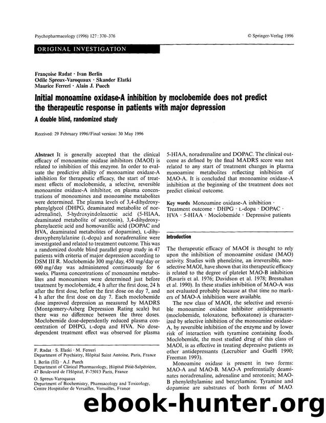 Initial monoamine oxidase-A inhibition by moclobemide does not predict the therapeutic response in patients with major depression by Unknown