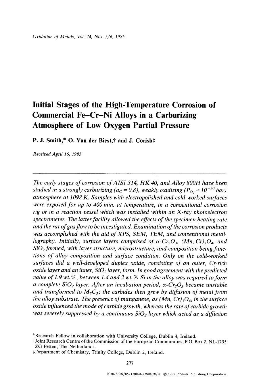 Initial stages of the high-temperature corrosion of commercial Fe-Cr-Ni alloys in a carburizing atmosphere of low oxygen partial pressure by Unknown
