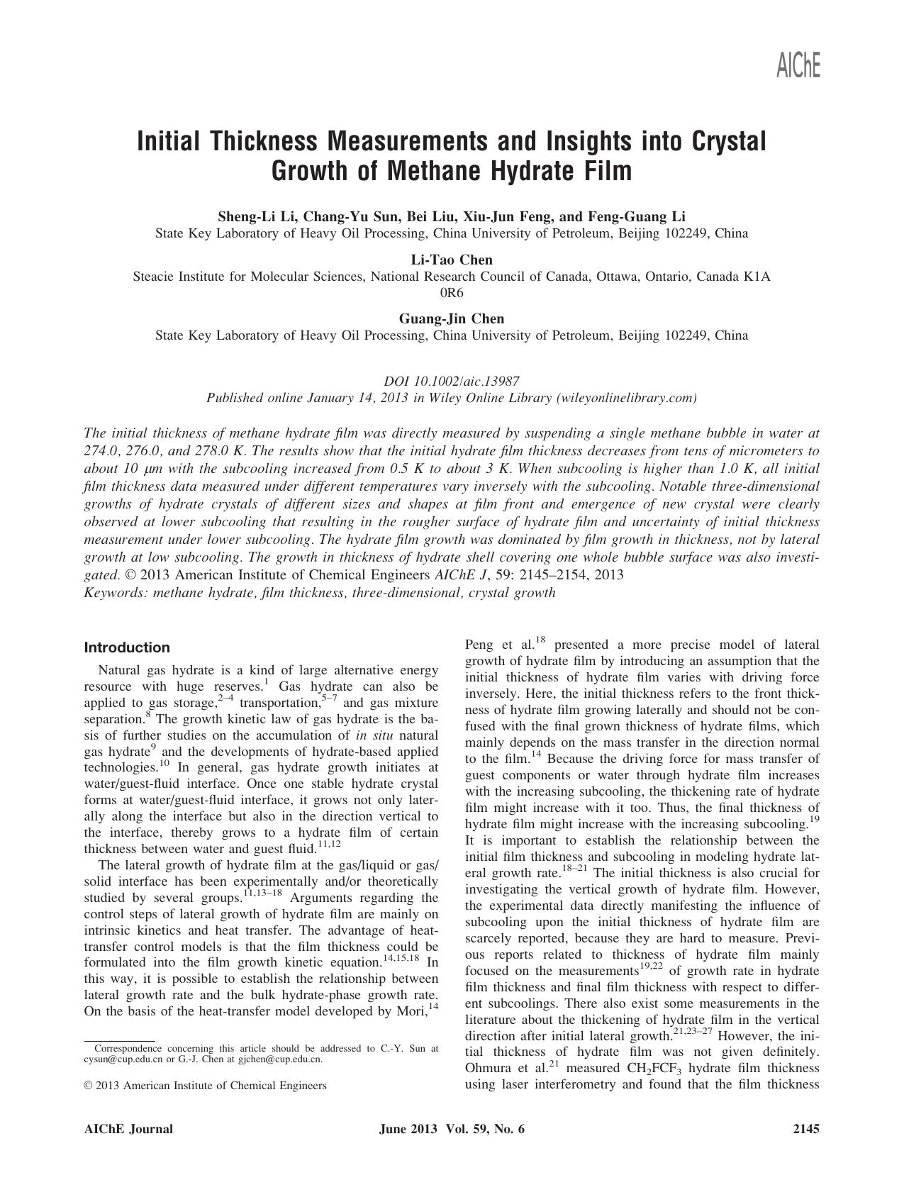Initial thickness measurements and insights into crystal growth of methane hydrate film by Unknown
