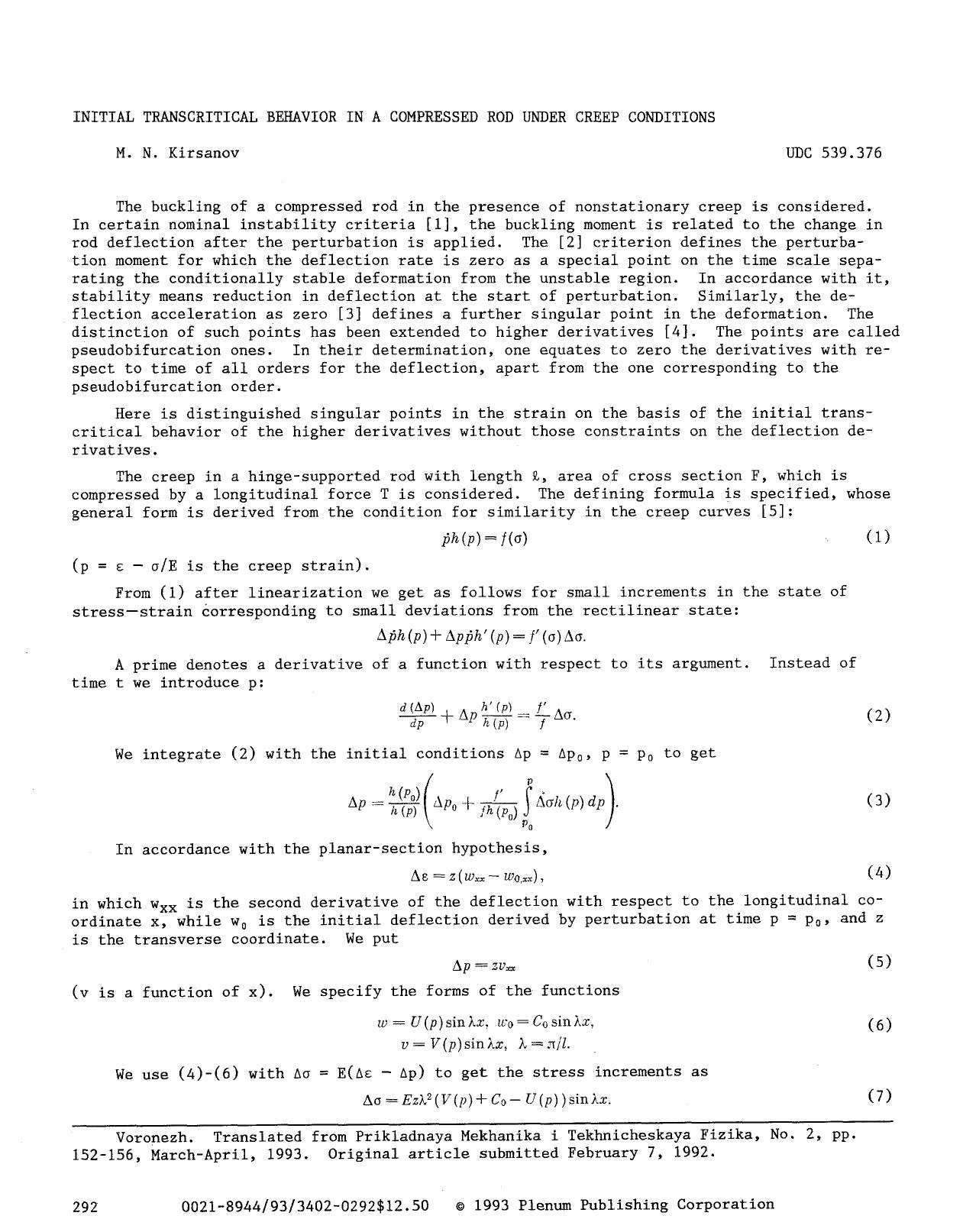 Initial transgritical behavior in a compressed rod under creep conditions by Unknown