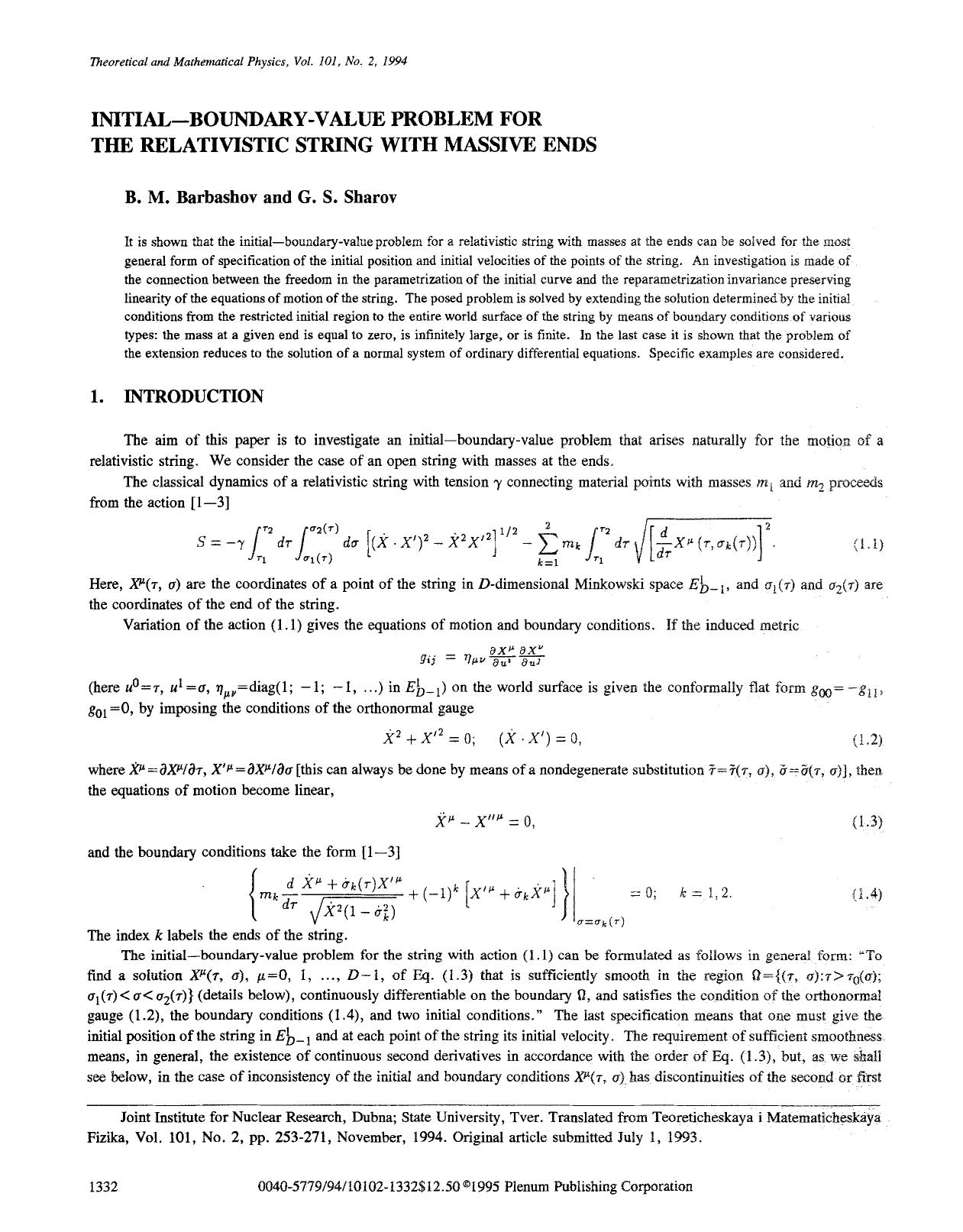 Initial&#x2014;boundary-value problem for the relativistic string with massive ends by Unknown