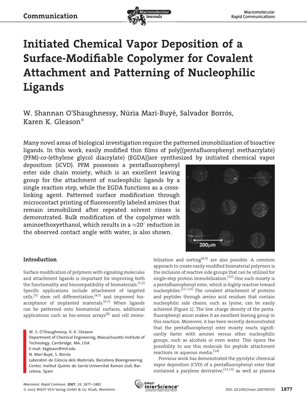 Initiated Chemical Vapor Deposition of a Surface-Modifiable Copolymer for Covalent Attachment and Patterning of Nucleophilic Ligands by Unknown