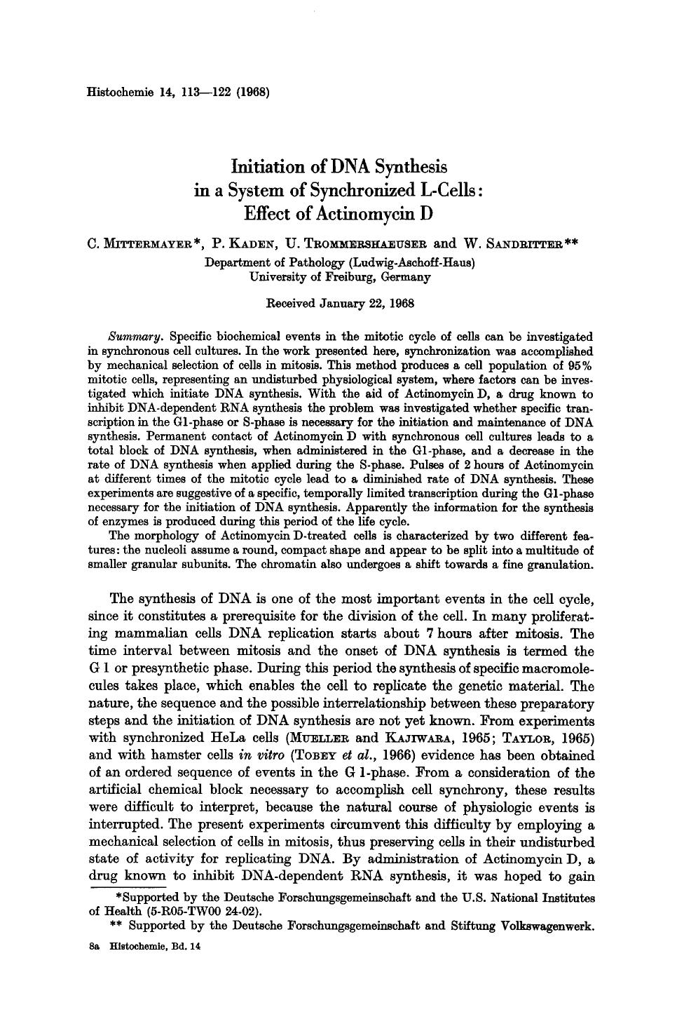 Initiation of DNA synthesis in a system of synchronized L-cells: effect of actinomycin D by Unknown