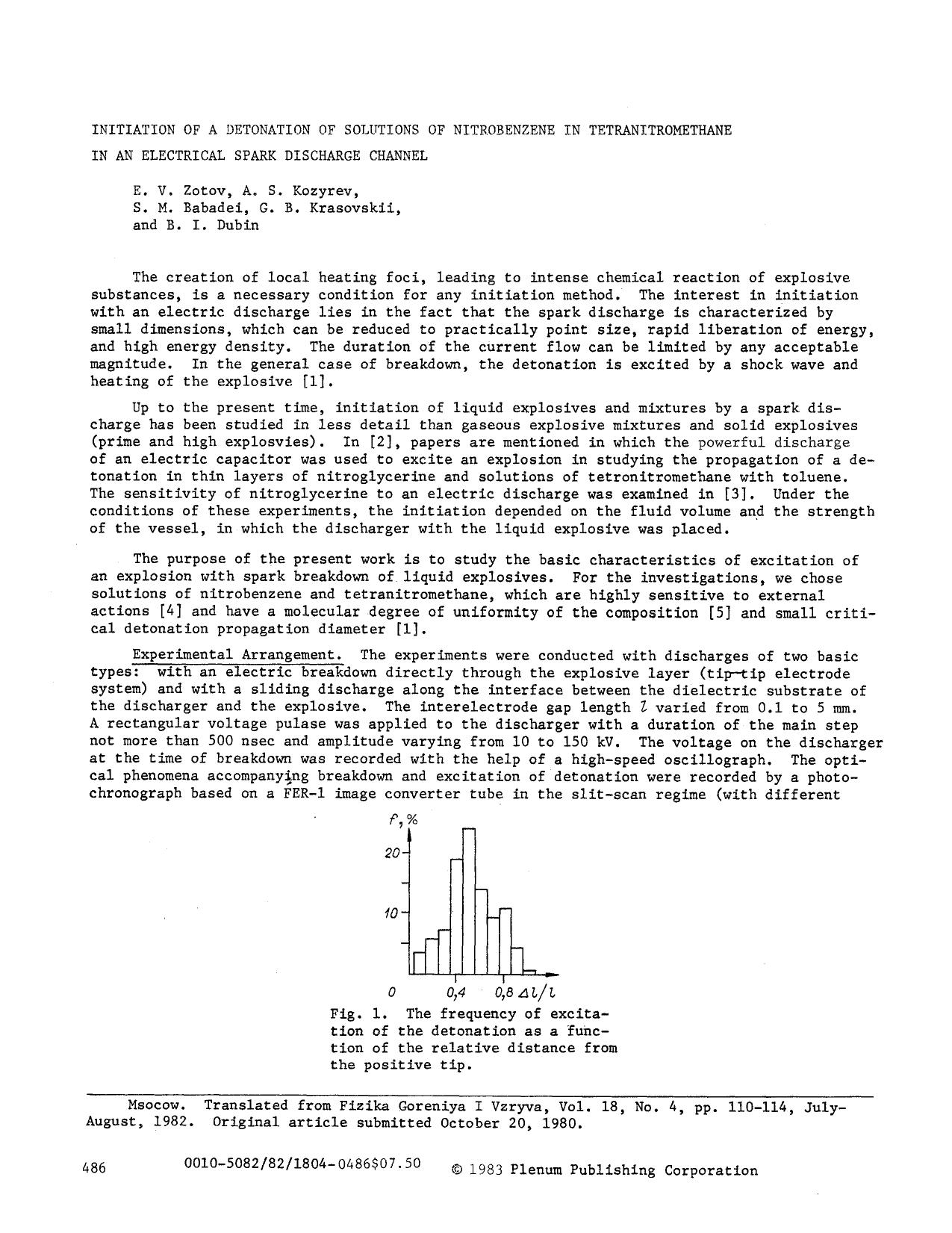 Initiation of a detonation of solutions of nitrobenzene in tetranitromethane in an electrical spark discharge channel by Unknown