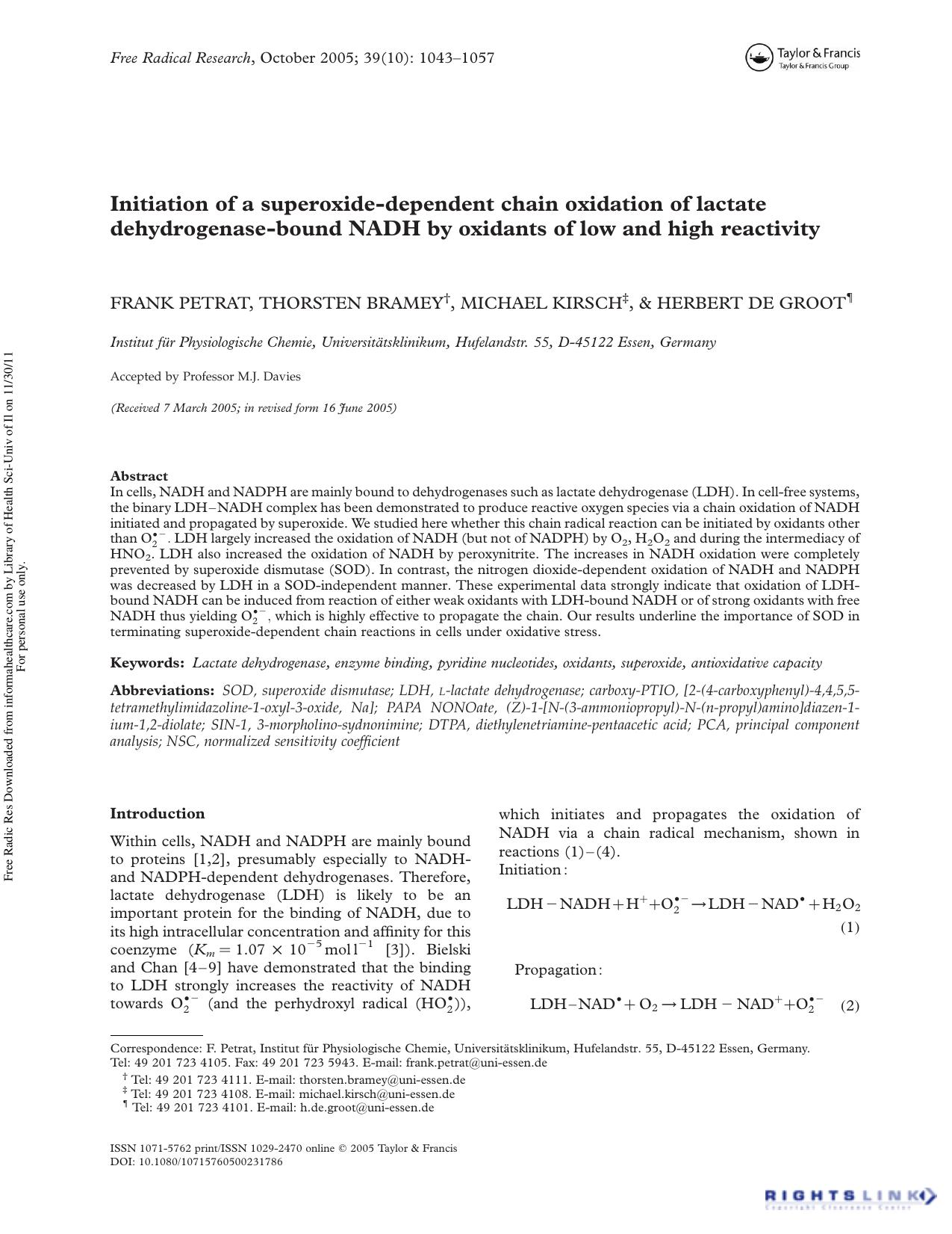 Initiation of a superoxide-dependent chain oxidation of lactate dehydrogenase-bound NADH by oxidants of low and high reactivity by Frank Petrat1† Thorsten Bramey1 Michael Kirsch1 & Herbert De Groot1