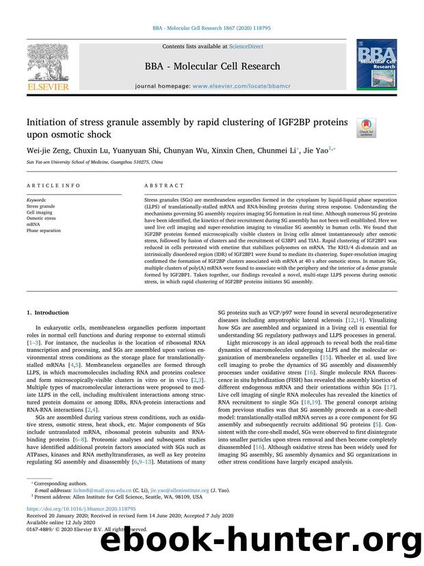 Initiation of stress granule assembly by rapid clustering of IGF2BP proteins upon osmotic shock by Wei-jie Zeng & Chuxin Lu & Yuanyuan Shi & Chunyan Wu & Xinxin Chen & Chunmei Li & Jie Yao