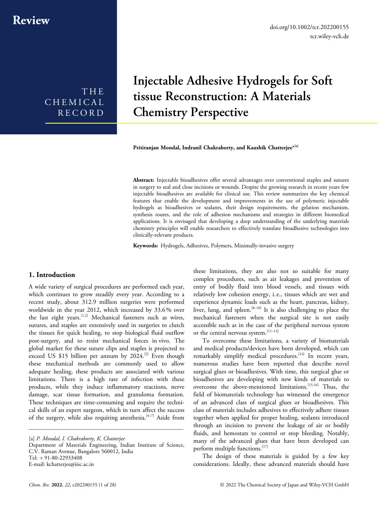 Injectable Adhesive Hydrogels for Soft tissue Reconstruction: A Materials Chemistry Perspective by Unknown