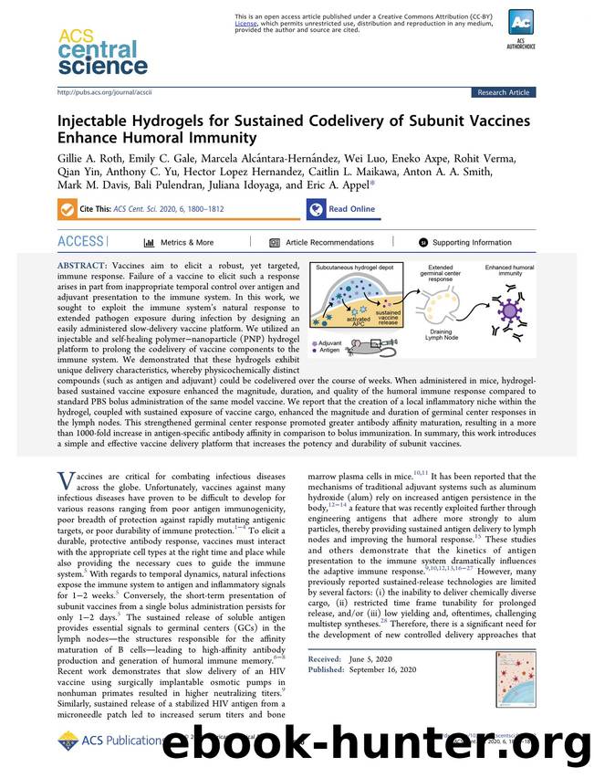 Injectable Hydrogels for Sustained Codelivery of Subunit Vaccines Enhance Humoral Immunity by unknow