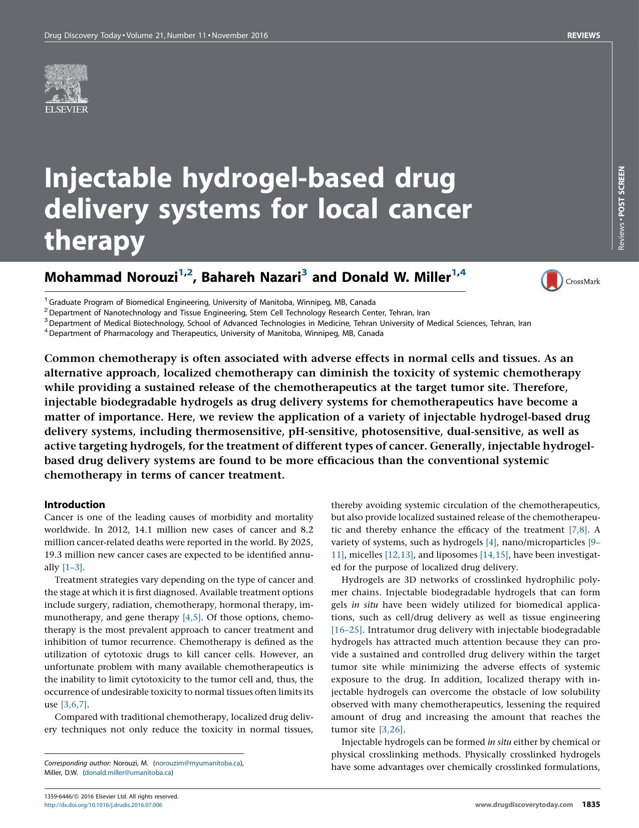 Injectable hydrogel-based drug delivery systems for local cancer therapy by Mohammad Norouzi & Bahareh Nazari & Donald W. Miller