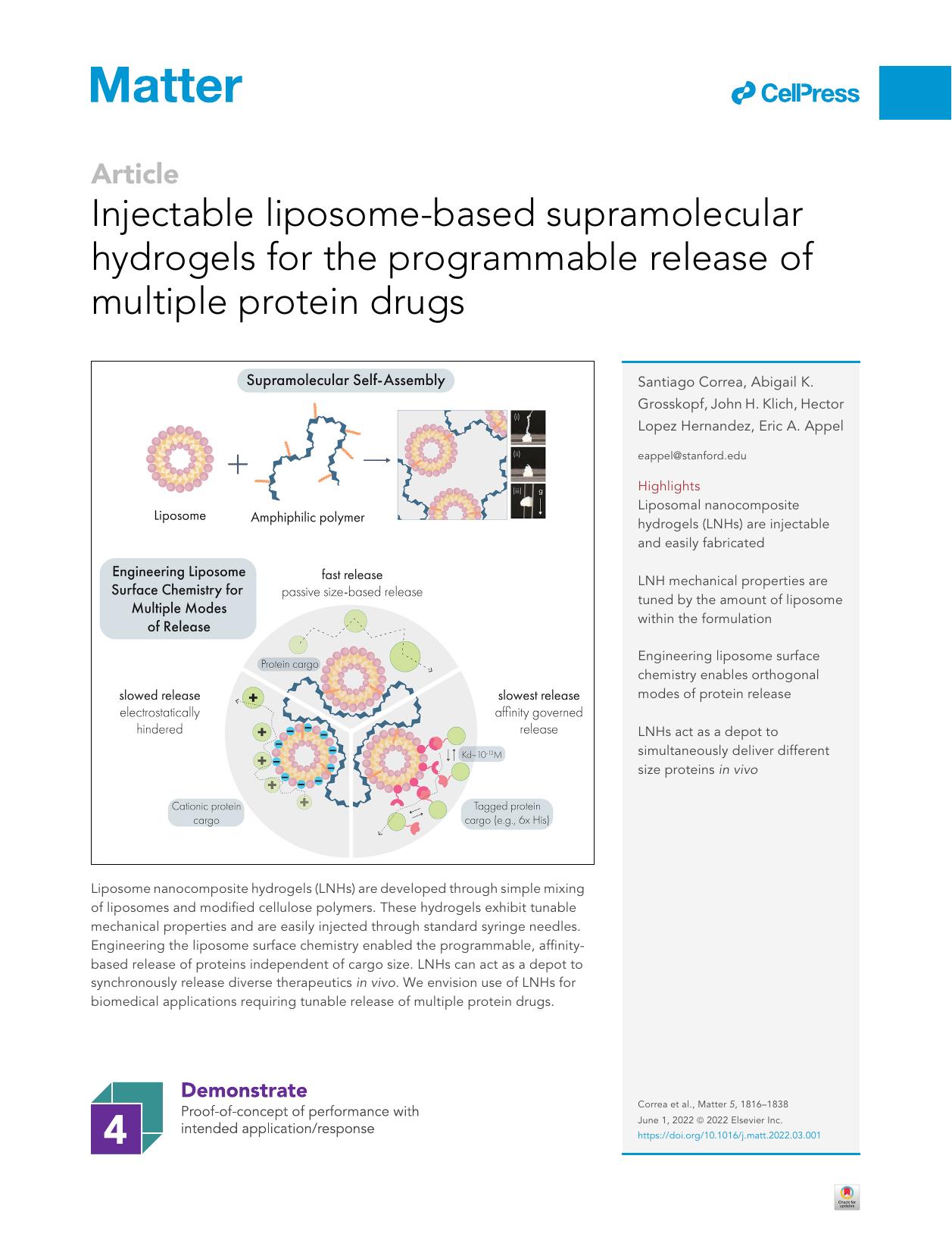Injectable liposome-based supramolecular hydrogels for the programmable release of multiple protein drugs by Santiago Correa & Abigail K. Grosskopf & John H. Klich & Hector Lopez Hernandez & Eric A. Appel