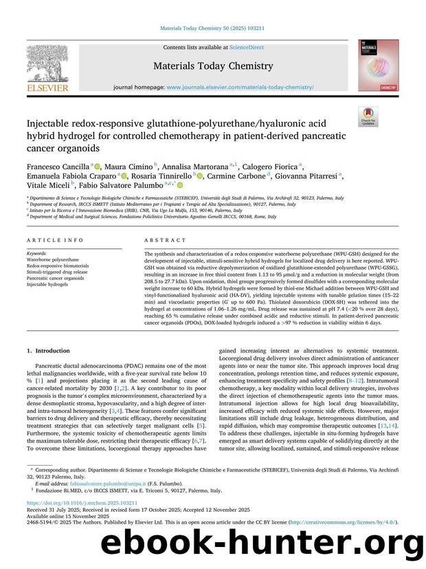 Injectable redox-responsive glutathione-polyurethanehyaluronic acid hybrid hydrogel for controlled chemotherapy in patient-derived pancreatic cancer organoids by unknow