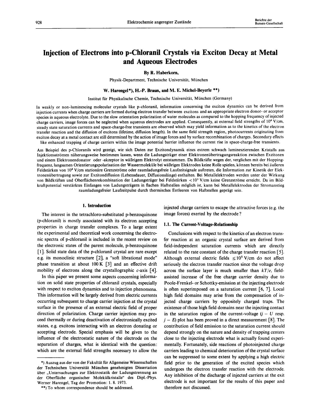 Injection of Electrons into pChloranil Crystals via Exciton Decay at Metal and Aqueous Electrodes by Unknown