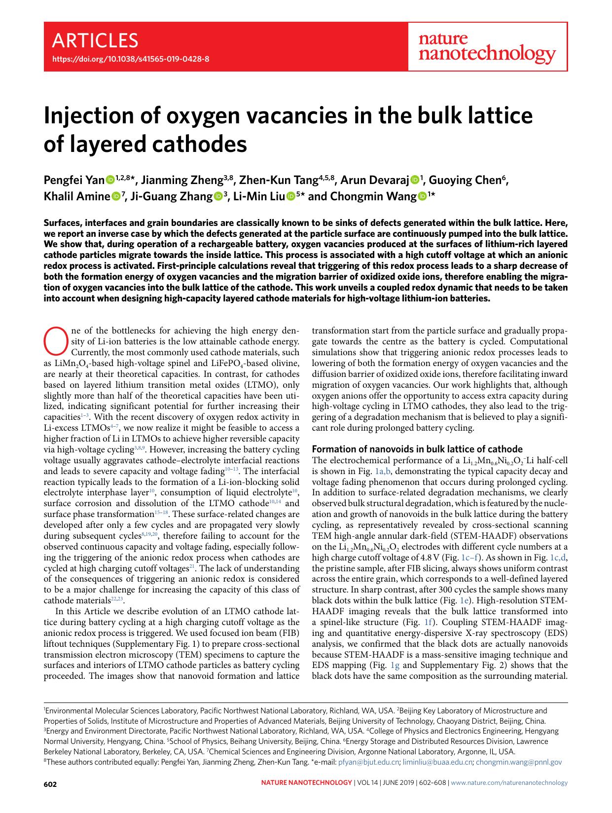 Injection of oxygen vacancies in the bulk lattice of layered cathodes by unknow