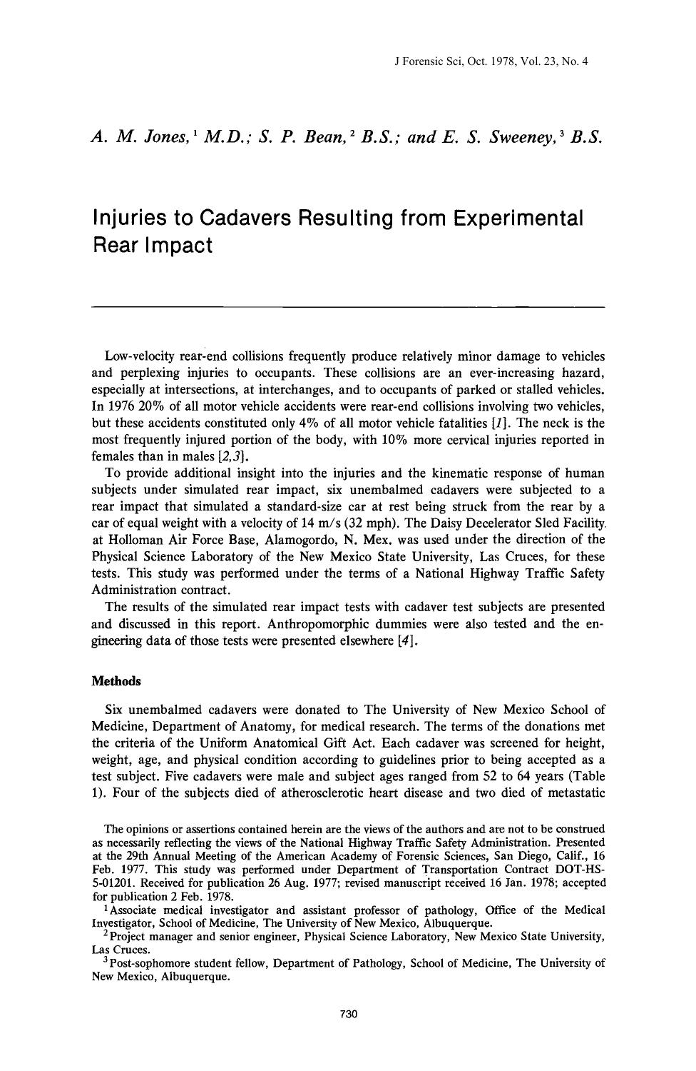 Injuries to Cadavers Resulting from Experimental Rear Impact by Jones AM Bean SP Sweeney ES