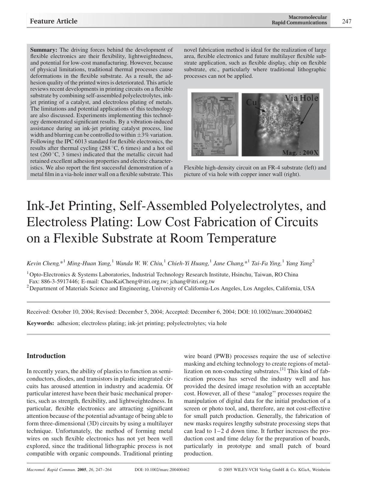 Ink-Jet Printing, Self-Assembled Polyelectrolytes, and Electroless Plating: Low Cost Fabrication of Circuits on a Flexible Substrate at Room Temperature by Unknown