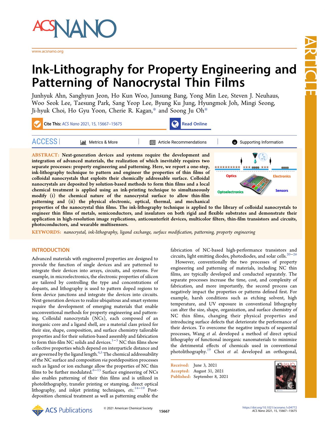 Ink-Lithography for Property Engineering and Patterning of Nanocrystal Thin Films by unknow