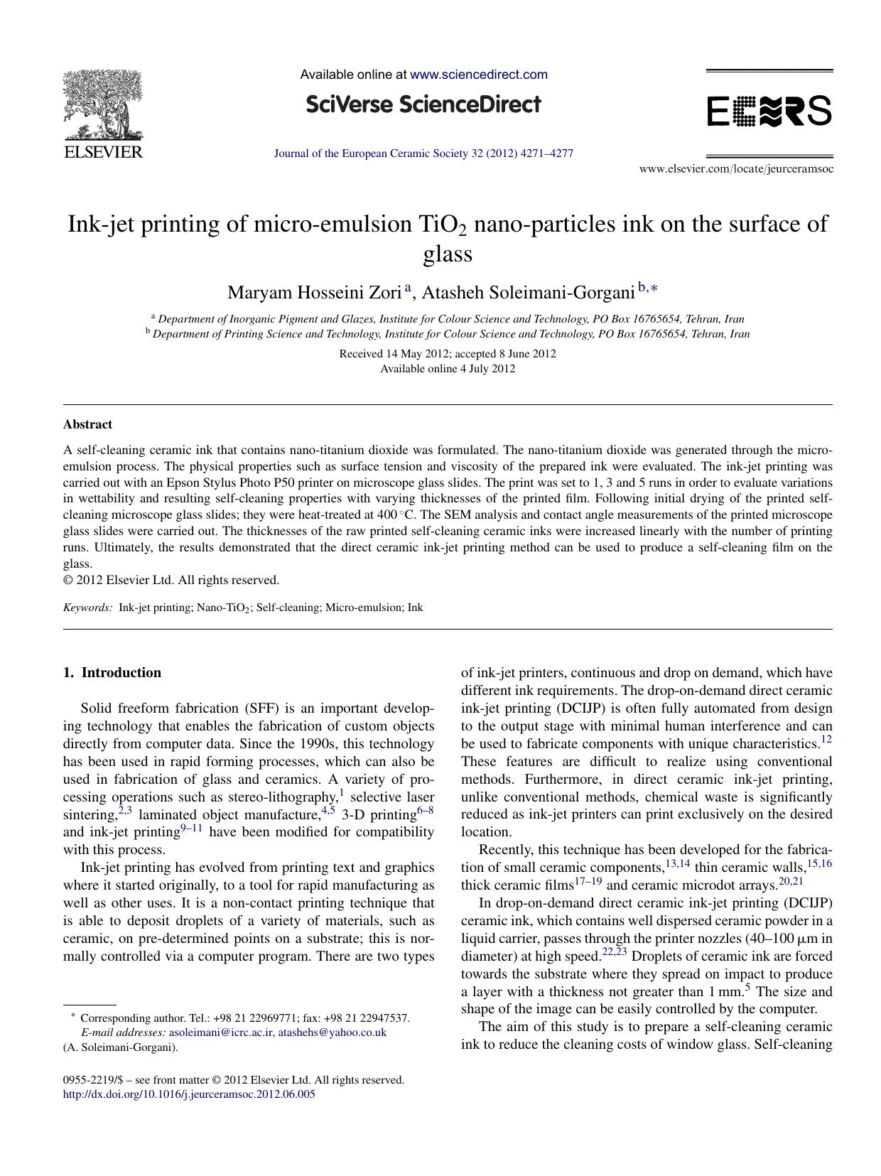 Ink-jet printing of micro-emulsion TiO2 nano-particles ink on the surface of glass by Maryam Hosseini Zori