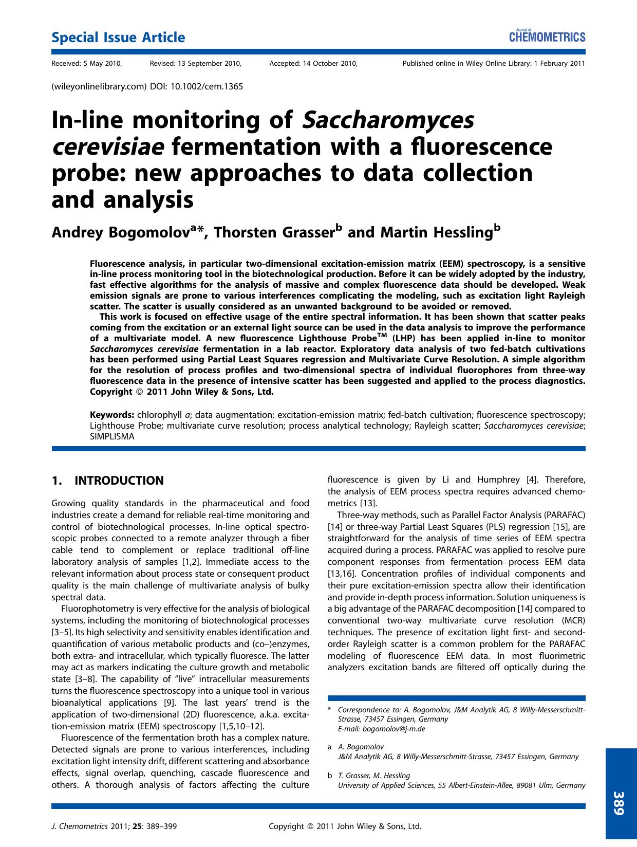 Inline monitoring of Saccharomyces cerevisiae fermentation with a fluorescence probe: new approaches to data collection and analysis by Unknown