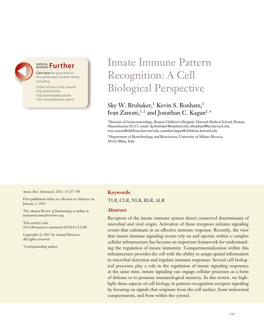 Innate Immune Pattern Recognition: A Cell Biological Perspective by Sky W. Brubaker Kevin S. Bonham Ivan Zanoni Jonathan C. Kagan