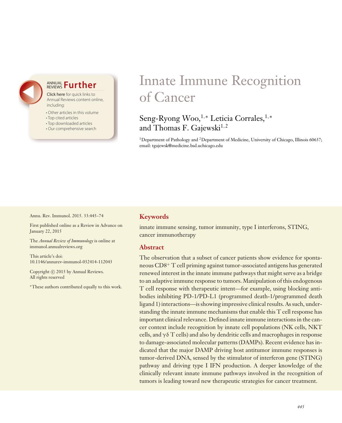 Innate Immune Recognition of Cancer by Seng-Ryong Woo Leticia Corrales Thomas F. Gajewski