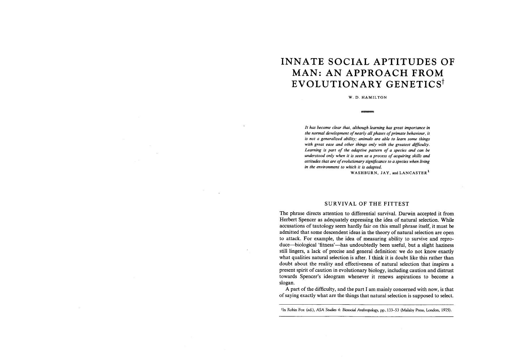 Innate Social Aptitudes of Man by An Approach From Evolutionary Genetics (1975) by William Donald Hamilton