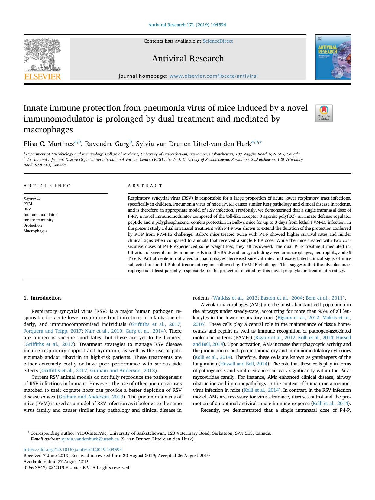 Innate immune protection from pneumonia virus of mice induced by a novel immunomodulator is prolonged by dual treatment and mediated by macrophages by Elisa C. Martinez & Ravendra Garg & Sylvia van Drunen Littel-van den Hurk