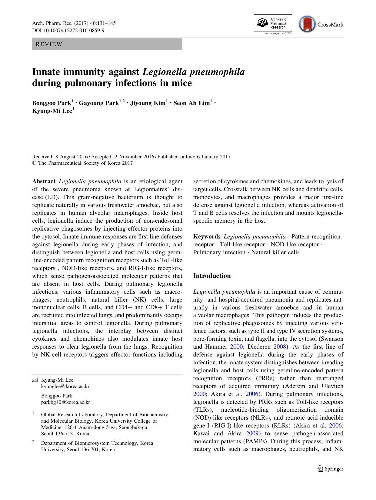 Innate immunity against Legionella pneumophila during pulmonary infections in mice by Bonggoo Park & Gayoung Park & Jiyoung Kim & Seon Ah Lim & Kyung-Mi Lee