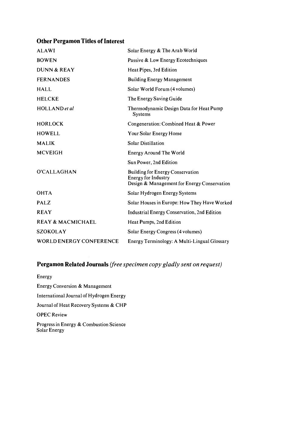 Innovation for Energy Efficiency. Proceedings of the European Conference, Newcastle upon Tyne, UK, 15â17 September 1987 by D.A. Reay and A. Wright (Eds.)