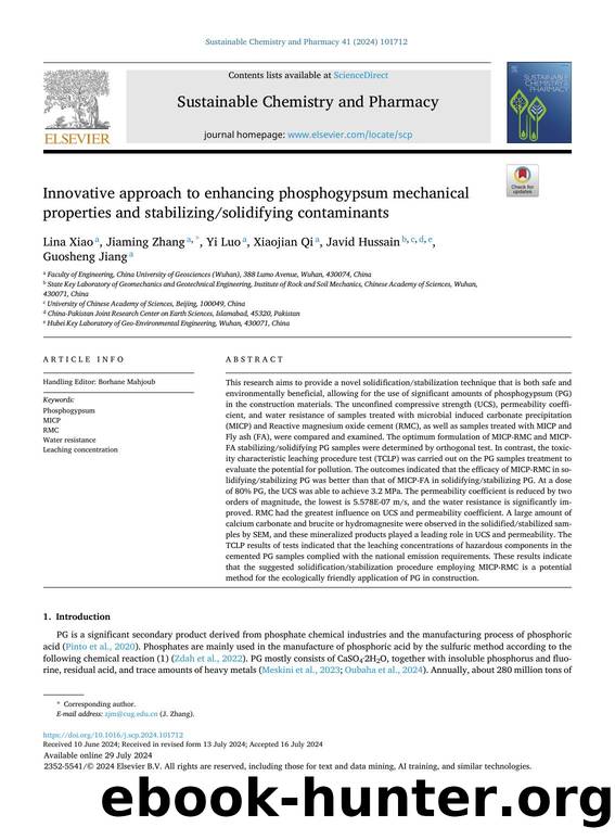 Innovative approach to enhancing phosphogypsum mechanical properties and stabilizingsolidifying contaminants by Lina Xiao & Jiaming Zhang & Yi Luo & Xiaojian Qi & Javid Hussain & Guosheng Jiang