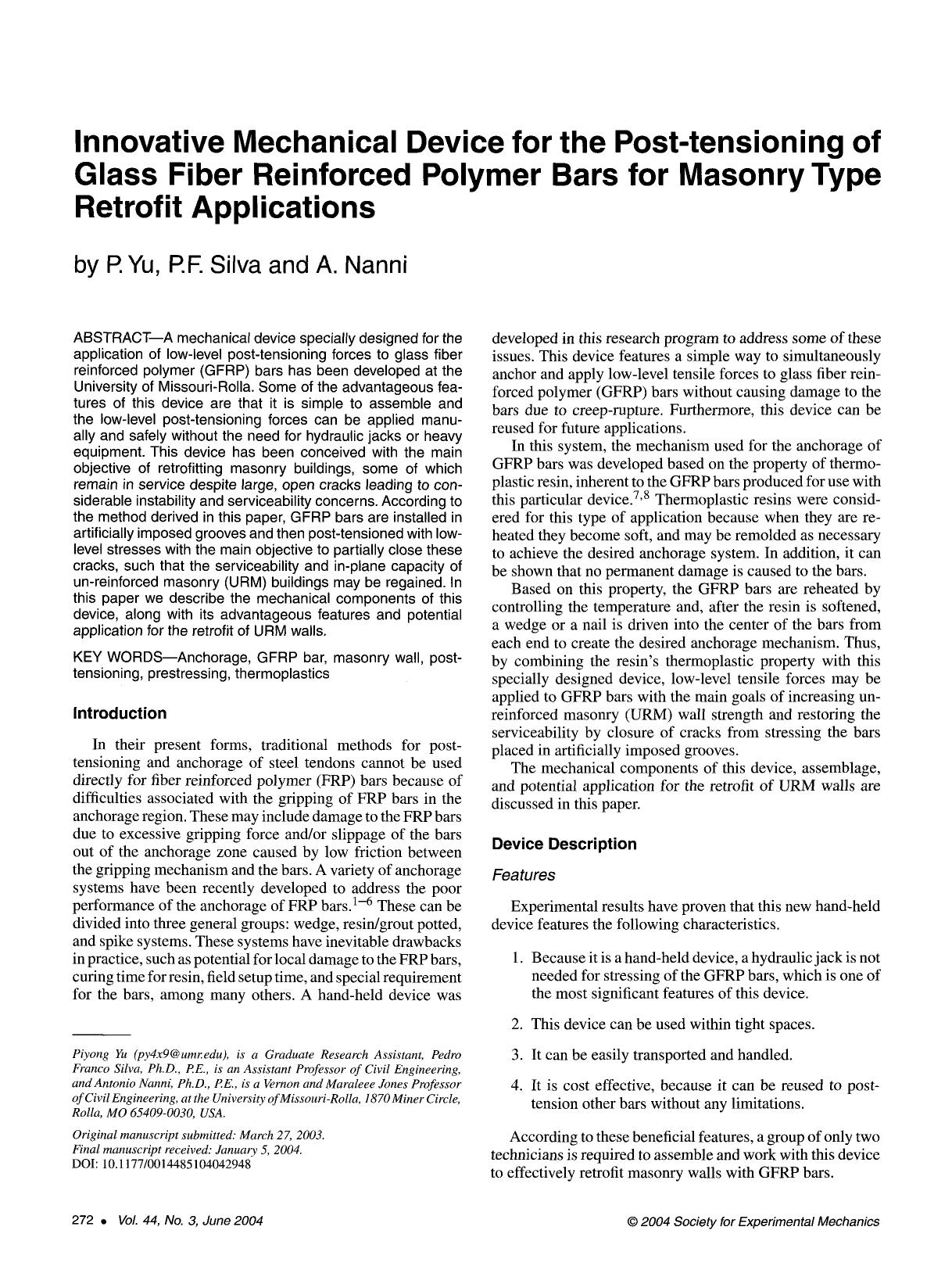 Innovative mechanical device for the post-tensioning of glass fiber reinforced polymer bars for masonry type retrofit applications by Unknown