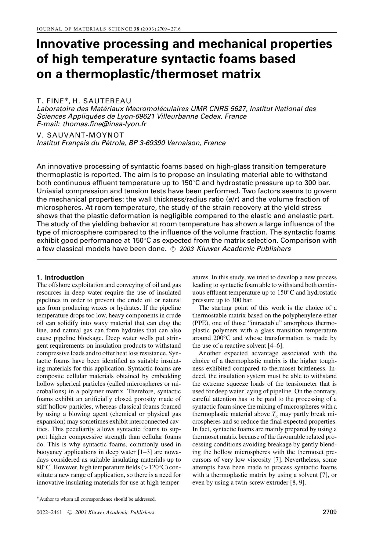 Innovative processing and mechanical properties of high temperature syntactic foams based on a thermoplasticthermoset matrix by Unknown