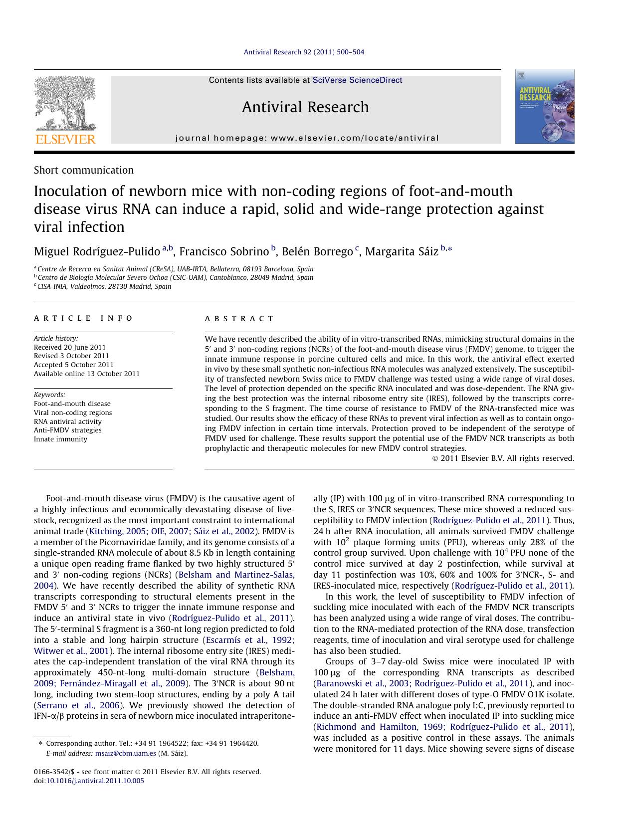 Inoculation of newborn mice with non-coding regions of foot-and-mouth disease virus RNA can induce a rapid, solid and wide-range protection against viral infection by Miguel RodrÃ­guez-Pulido & Francisco Sobrino & Belén Borrego & Margarita Sáiz